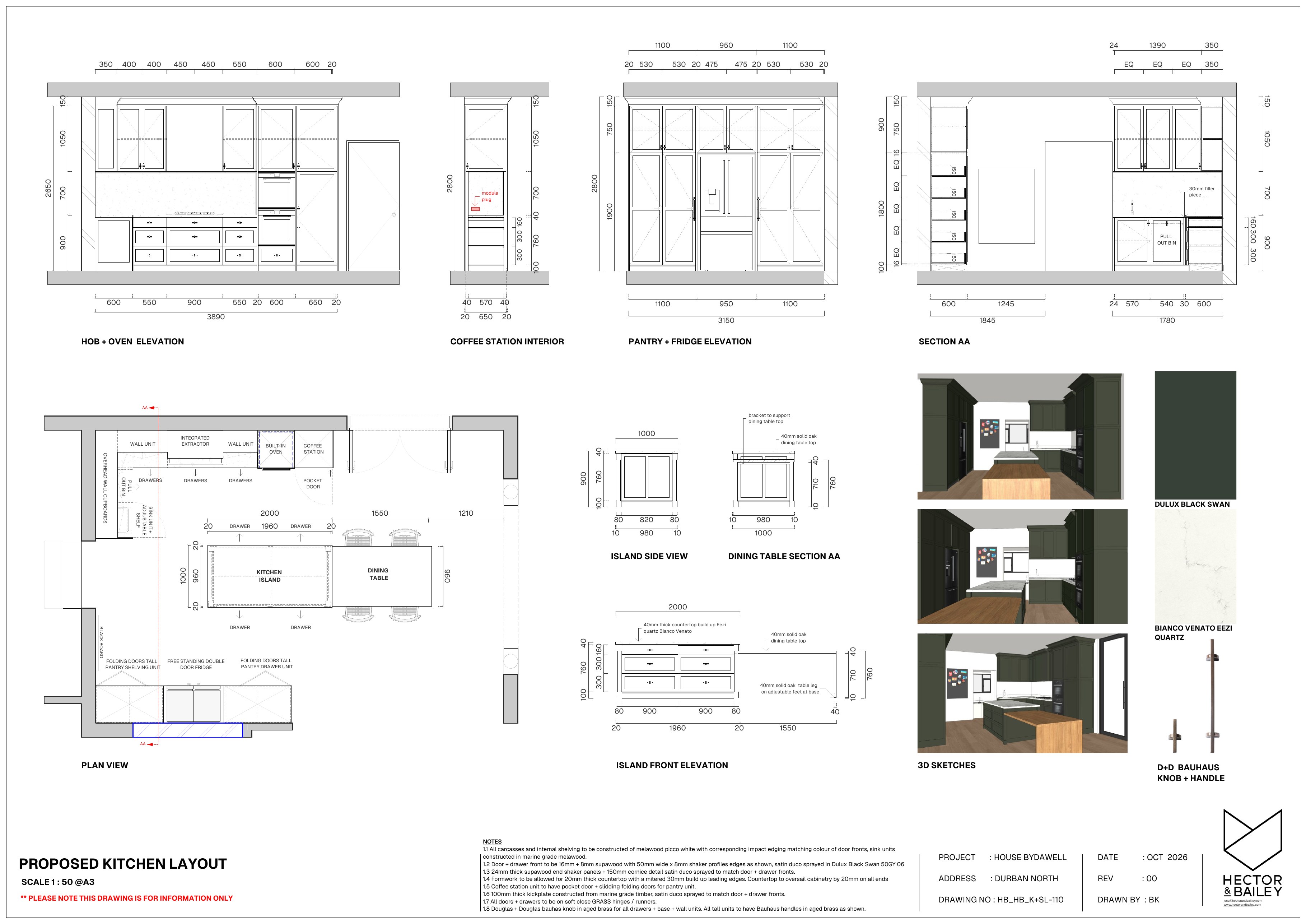 Proposed kitchen layout drawing for House Bydawell with plan view, elevations and island details